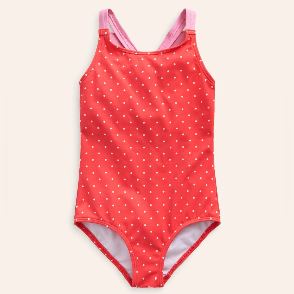 Mini Boden Logo Back Coral Spot Butterfly Swimsuit